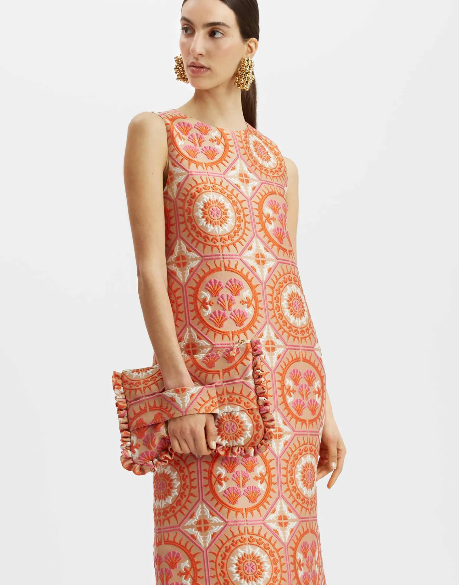 La DoubleJ Column DressSun Orange in Jacquard With Feathers