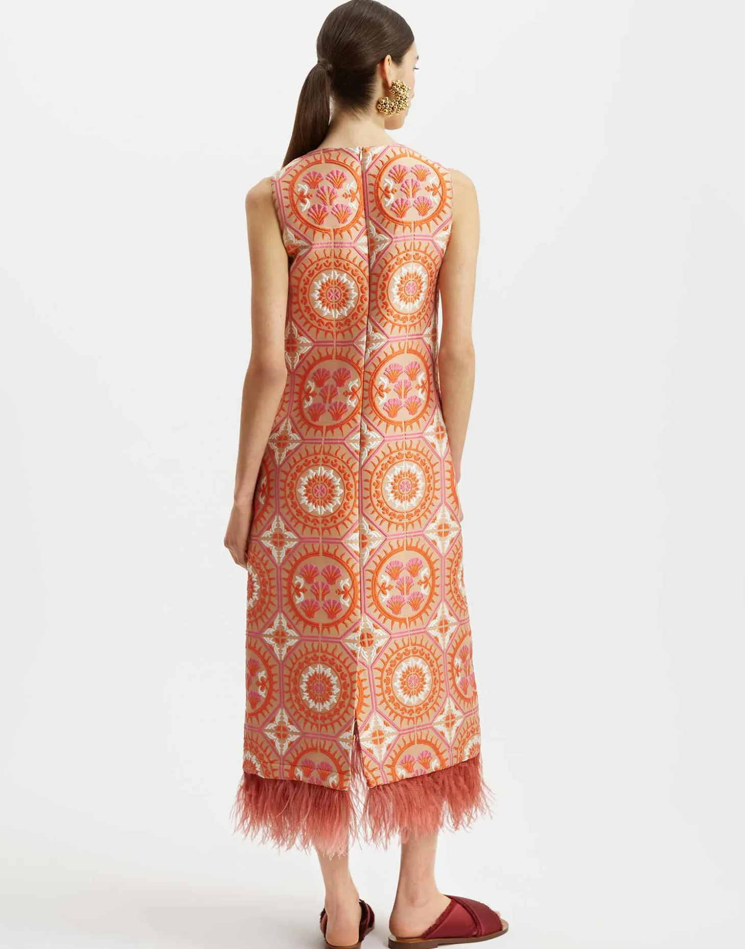 La DoubleJ Column DressSun Orange in Jacquard With Feathers