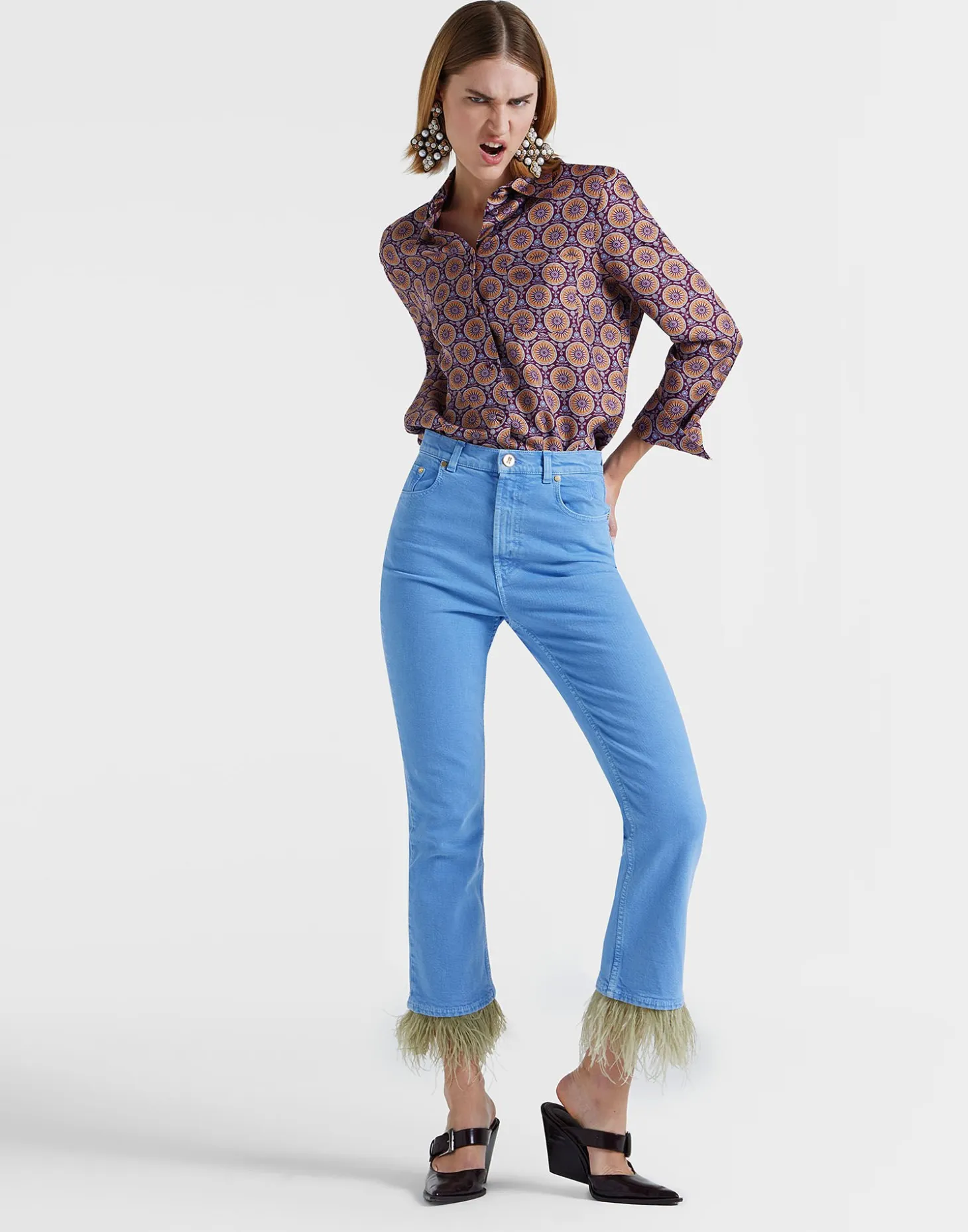 La DoubleJ Fancy Crop Jeans (With Feathers)Light Blue in Denim