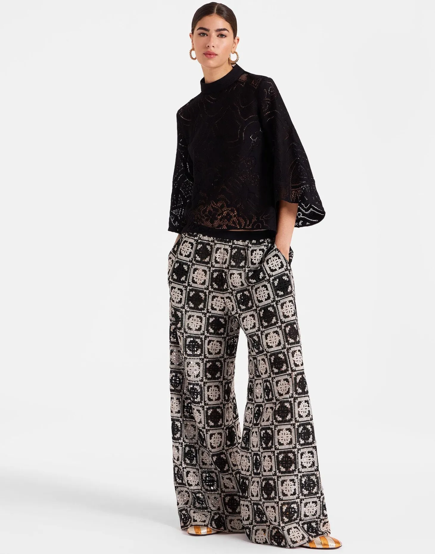 La DoubleJ Palazzo PantsMini Tiles Black in Macramé