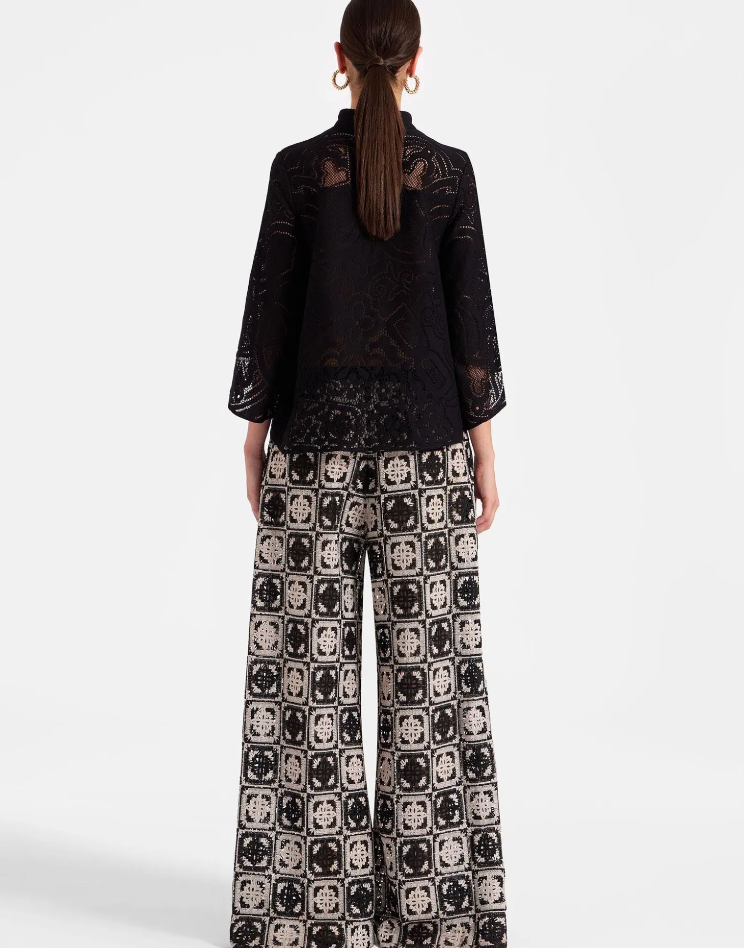 La DoubleJ Palazzo PantsMini Tiles Black in Macramé